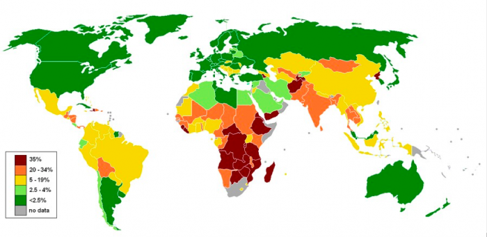 The original uploader was Lobizón at English Wikipedia. / CC BY-SA (http://creativecommons.org/licenses/by-sa/3.0/)  https://commons.wikimedia.org/wiki/File:Percentage_population_undernourished_world_map.PNG
