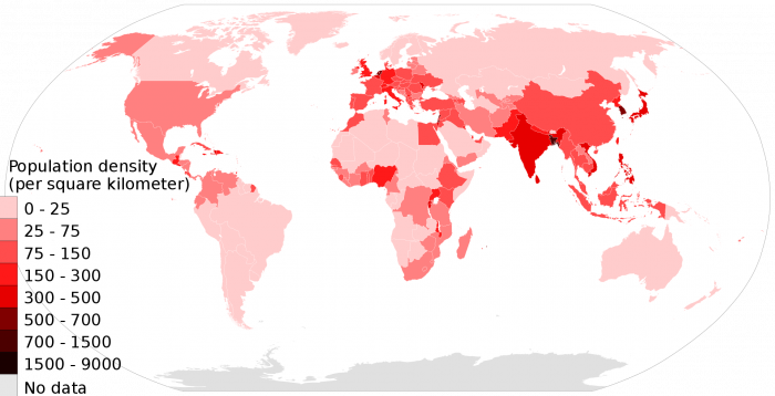 Ms Sarah Welch & Lamensi / CC BY-SA (https://creativecommons.org/licenses/by-sa/4.0);  https://upload.wikimedia.org/wikipedia/commons/3/31/Population_density_countries_2018_world_map%2C_people_per_sq_km.svg